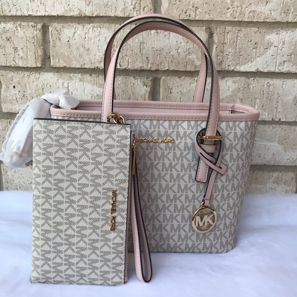 Michael Kors Jet Set Travel XS Carryall Tote Bag Vanilla Powder Blush +  Wallet